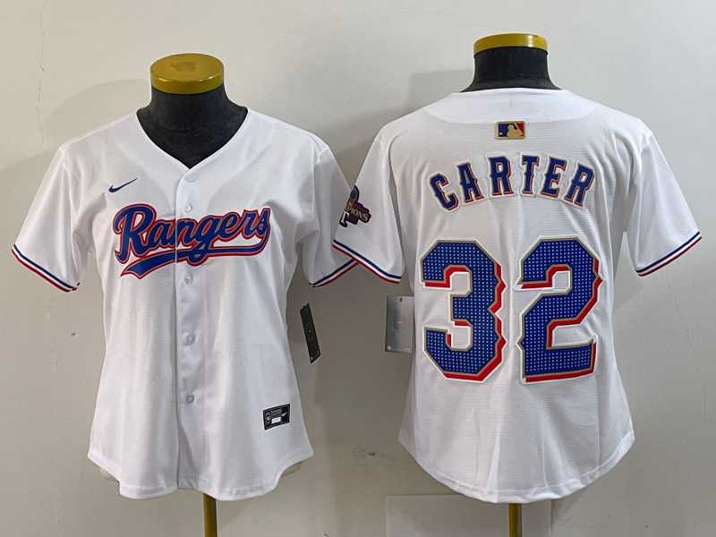 Womens Texas Rangers #32 Evan Carter White 2024 Gold Collection Limited Cool Base Jersey